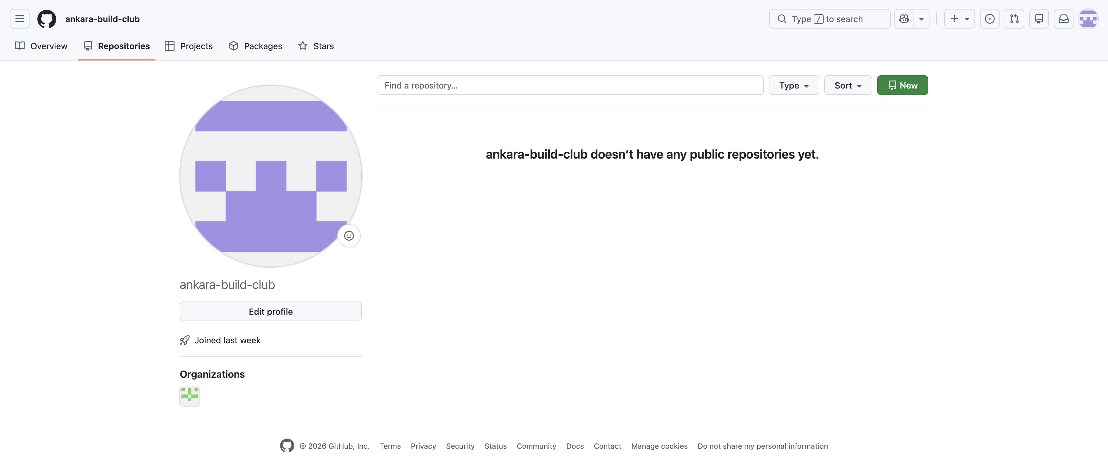 GitHub — yeni hesap profili, henüz repo yok