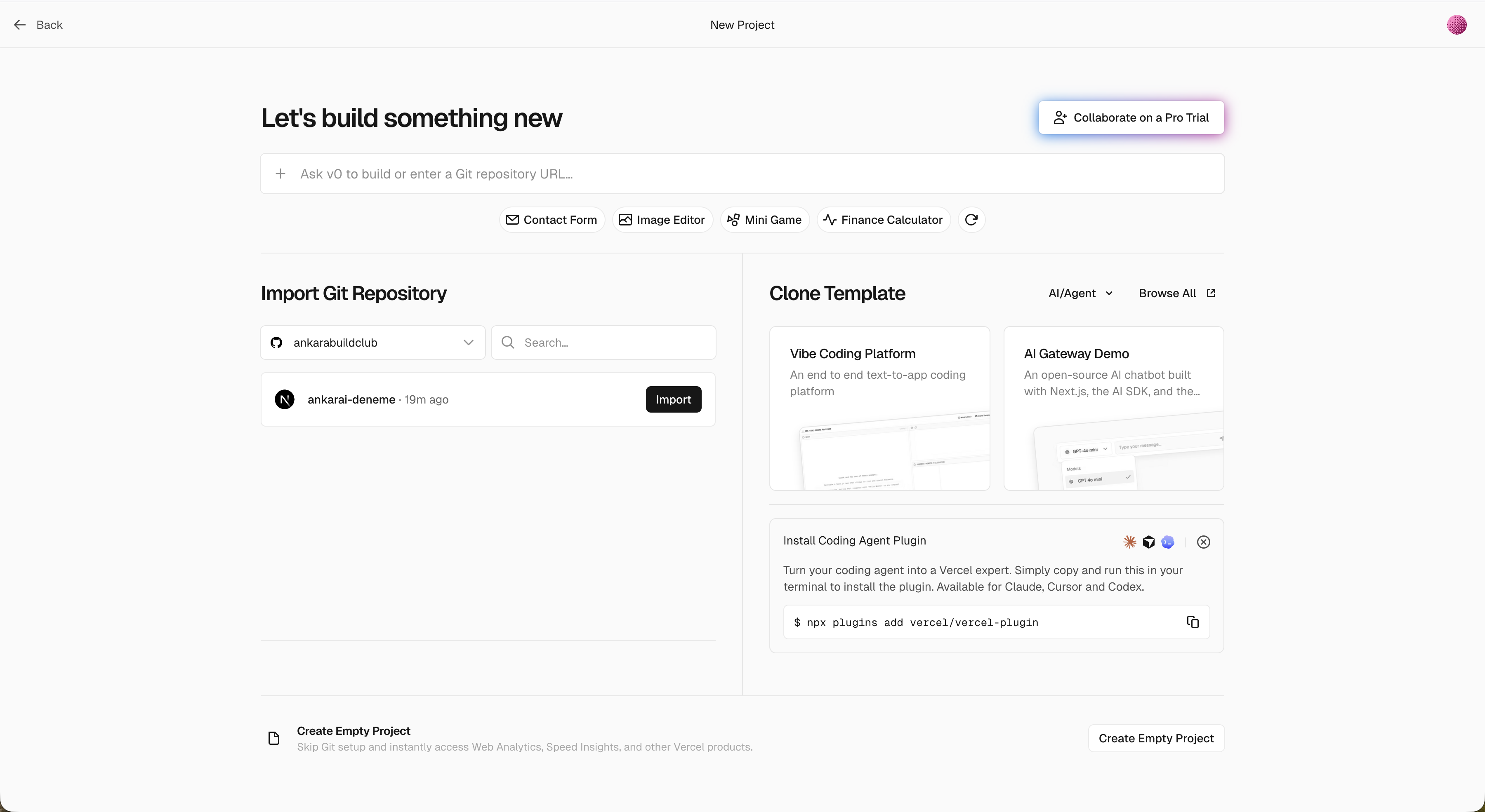Vercel Import Git Repository — repo listesi