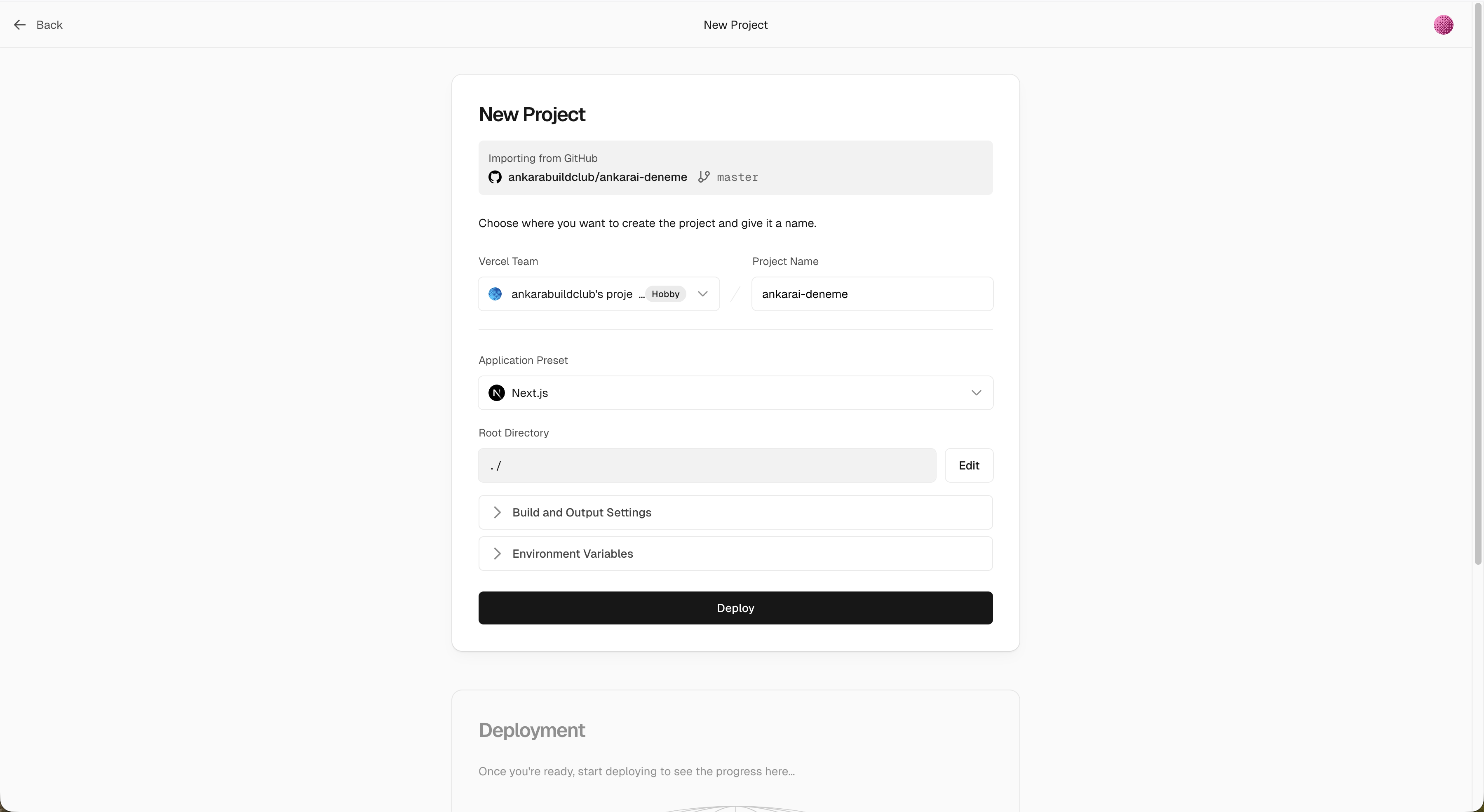 Vercel New Project — Next.js preset, Deploy butonu