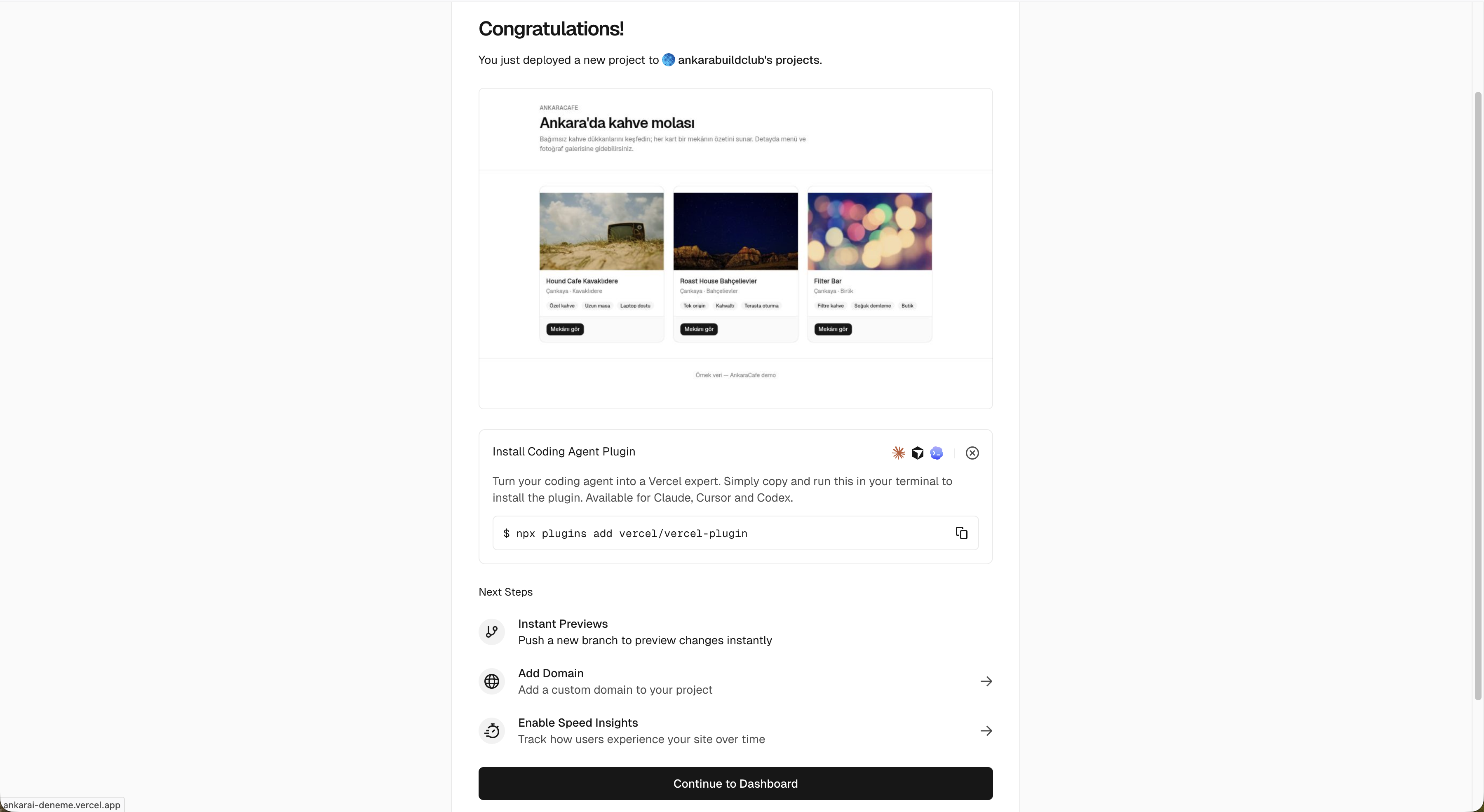 Vercel Congratulations — deploy başarılı, canlı URL