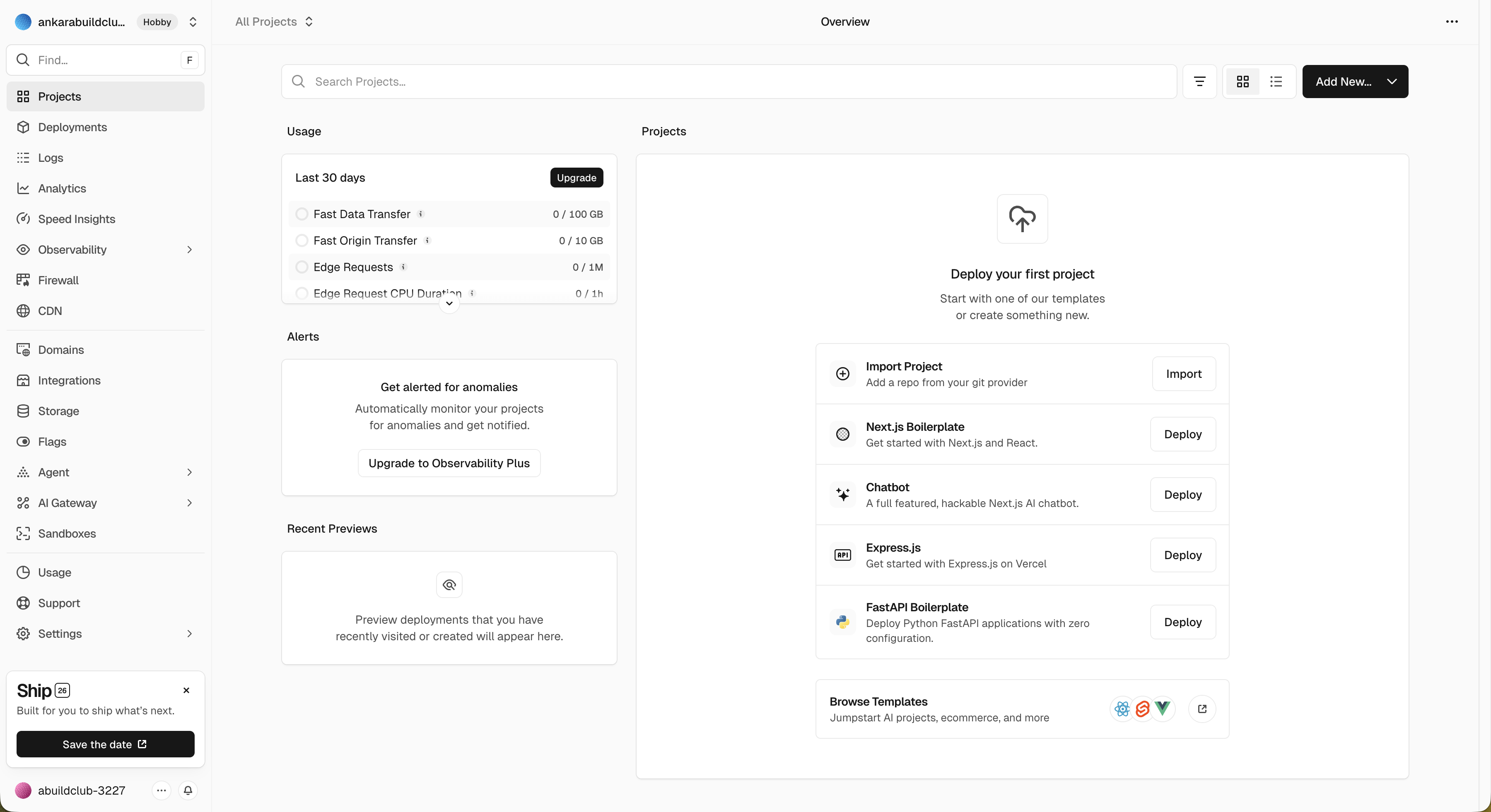 Vercel dashboard — ana ekran, Deploy your first project