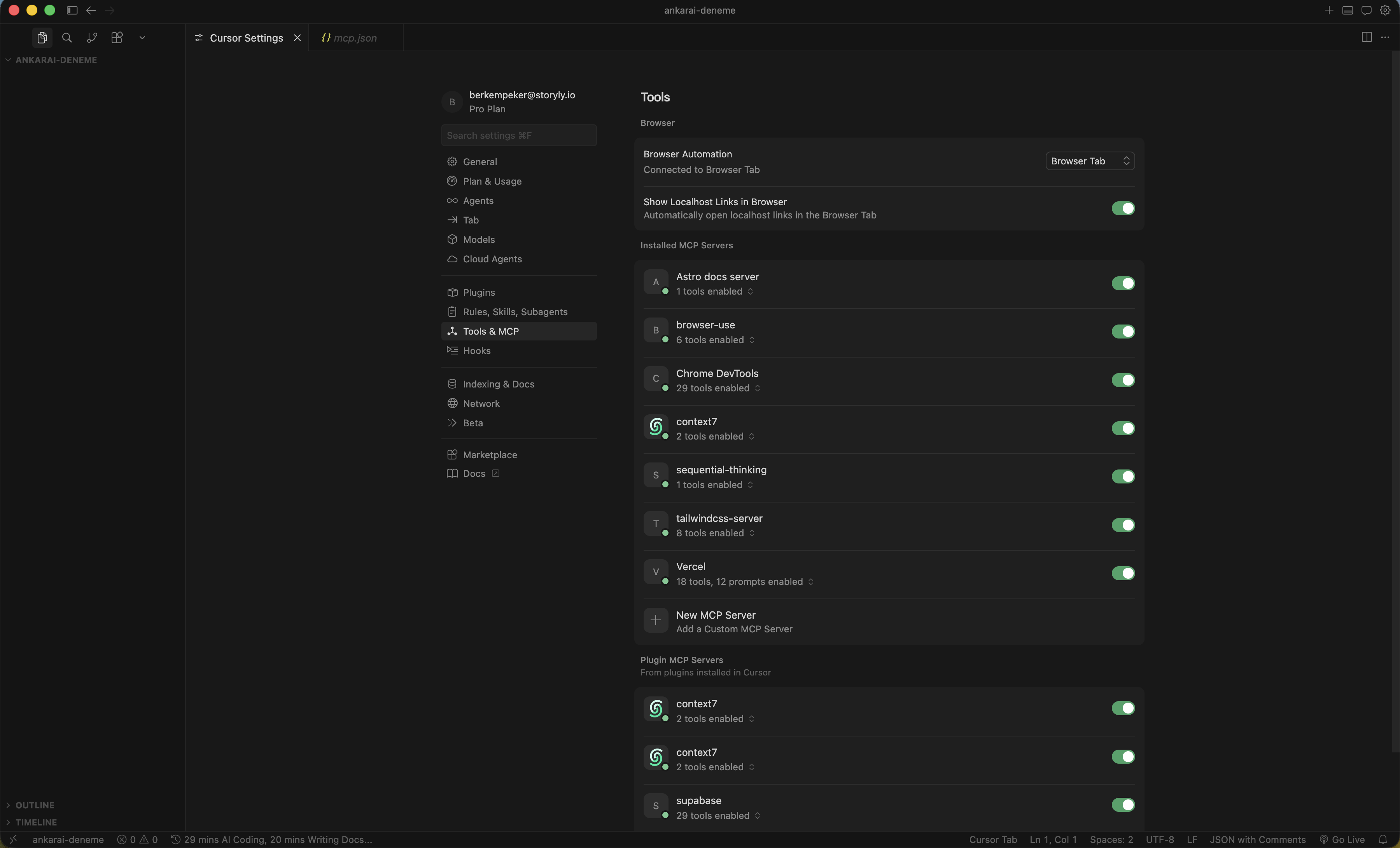 Cursor Settings — Tools & MCP ekranı, yüklü MCP'ler listesi