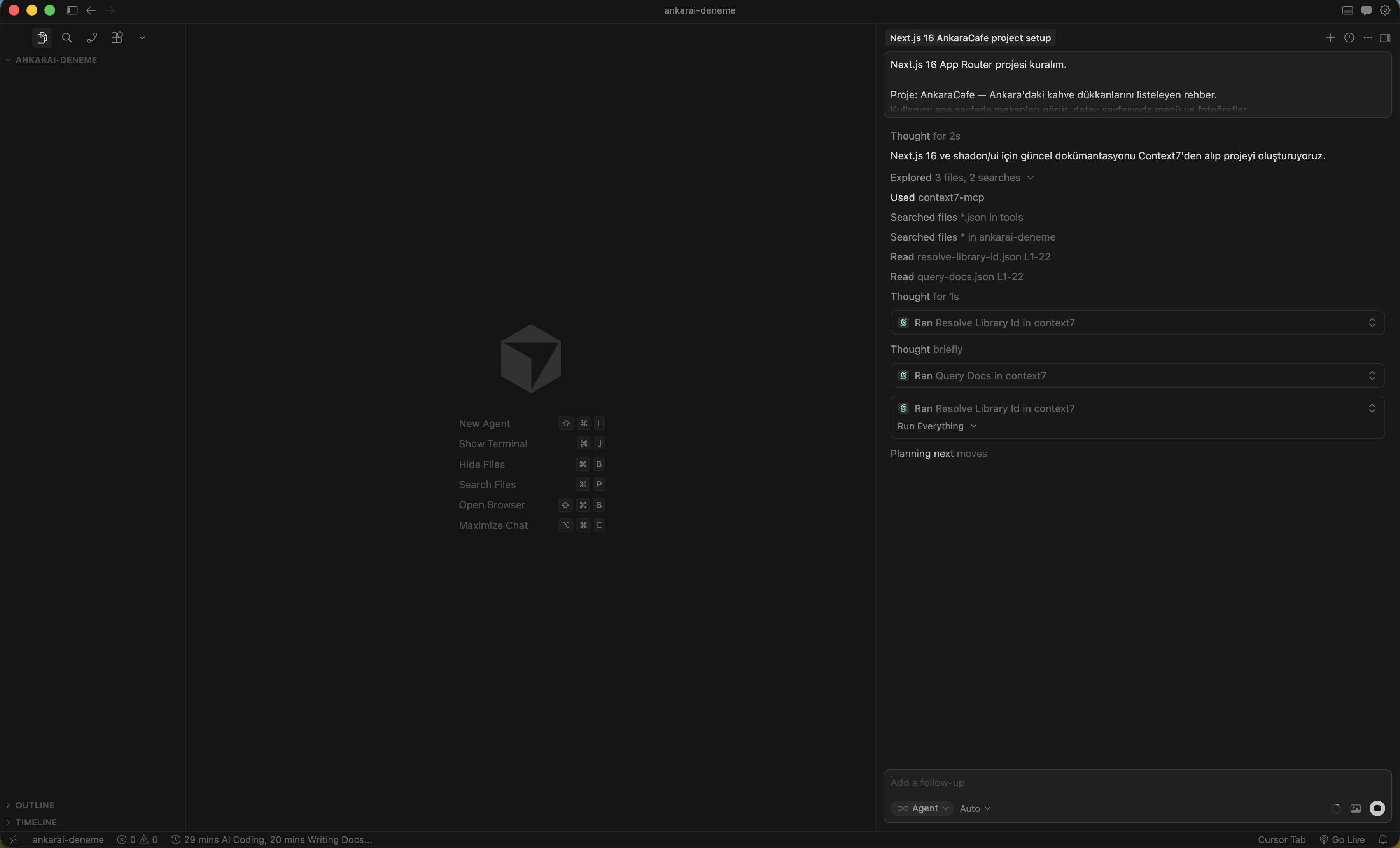 Cursor chat — context7 Resolve Library Id ve Query Docs tool çağrıları