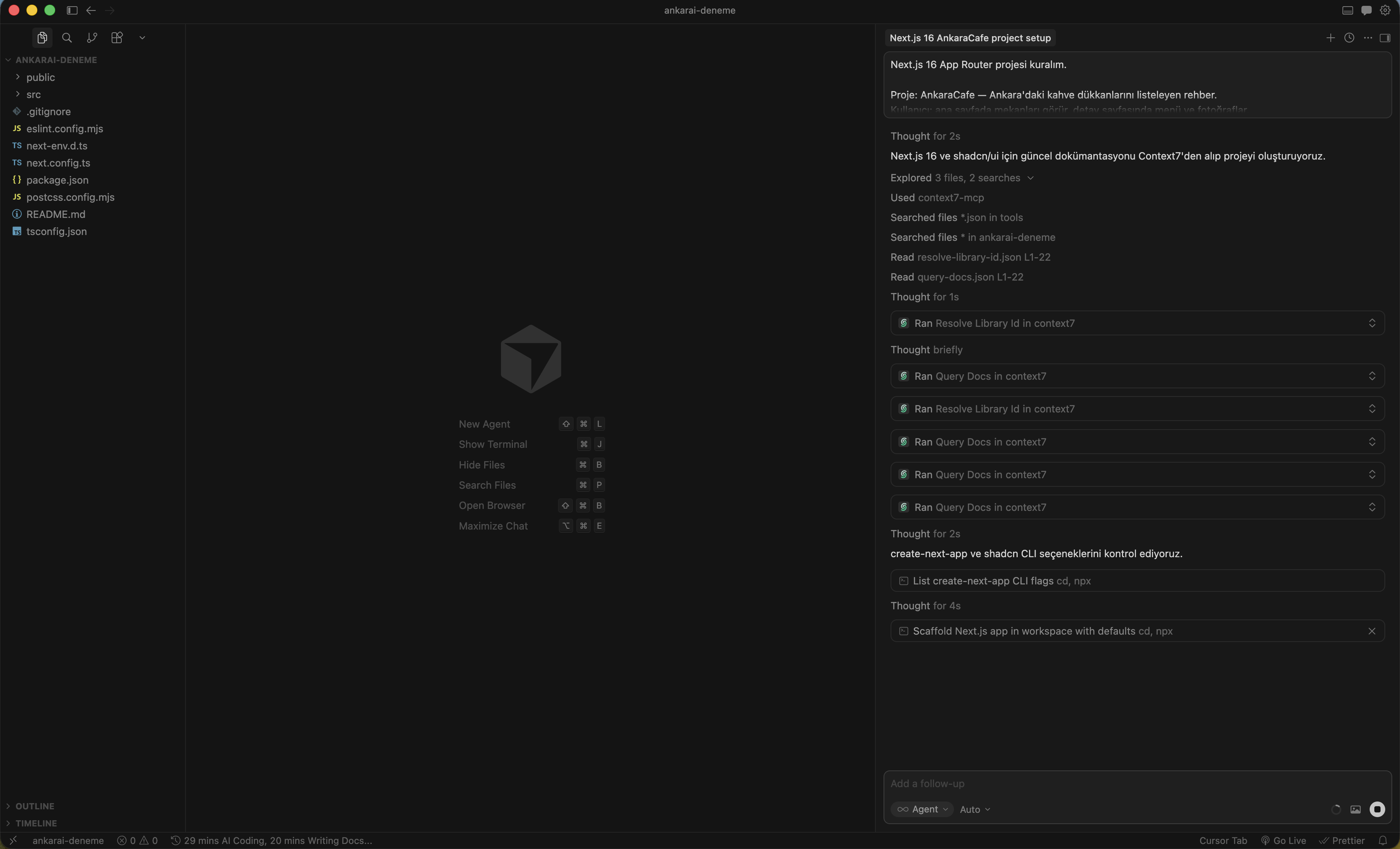 Cursor agent — ardışık tool çağrıları: context7, ls, create-next-app scaffold
