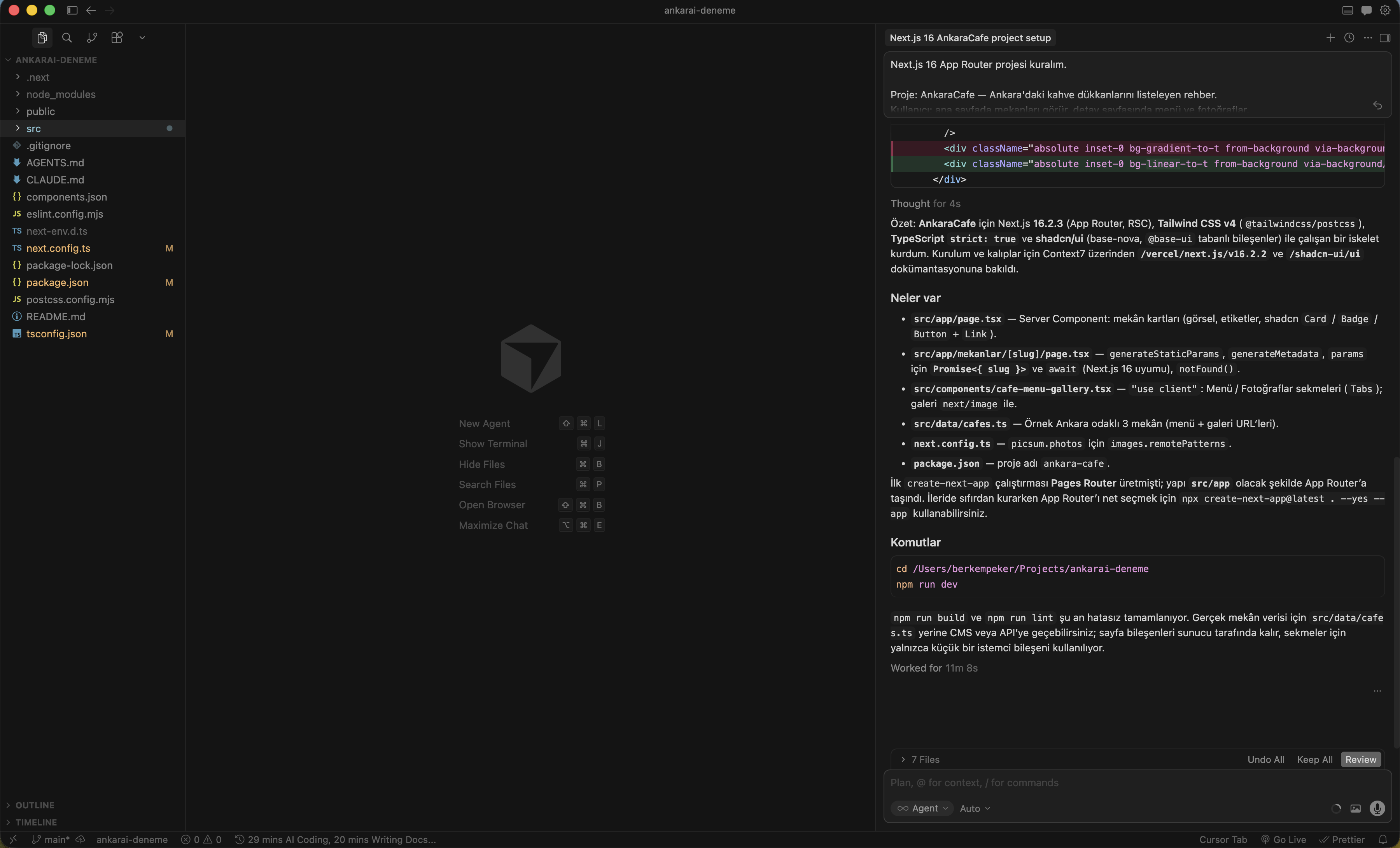 Cursor — proje klasörü açık, agent dosya yapısını kuruyor, chat aktif
