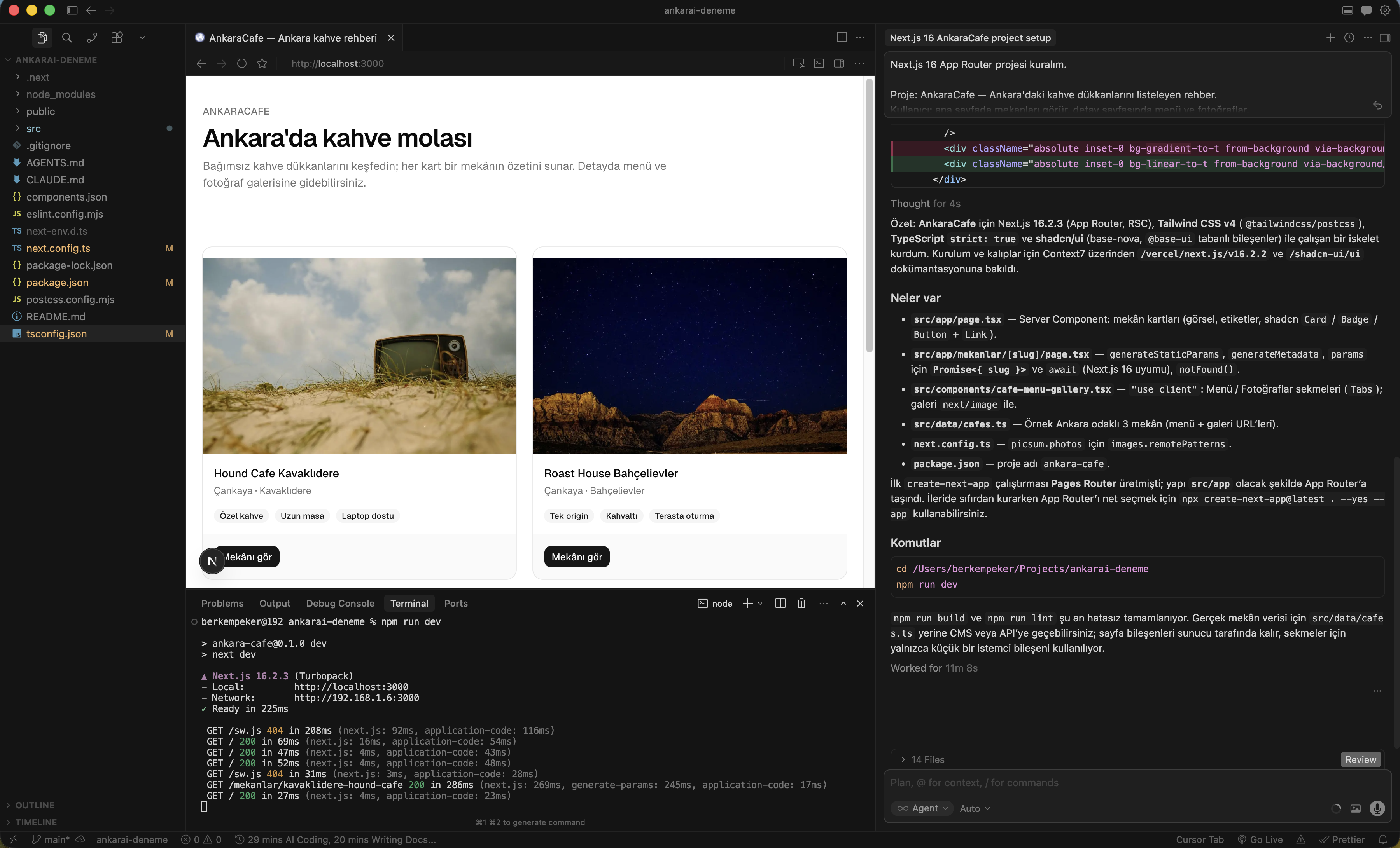 Cursor, tarayıcıda çalışan AnkaraCafe, terminal ve chat — geliştirme döngüsü
